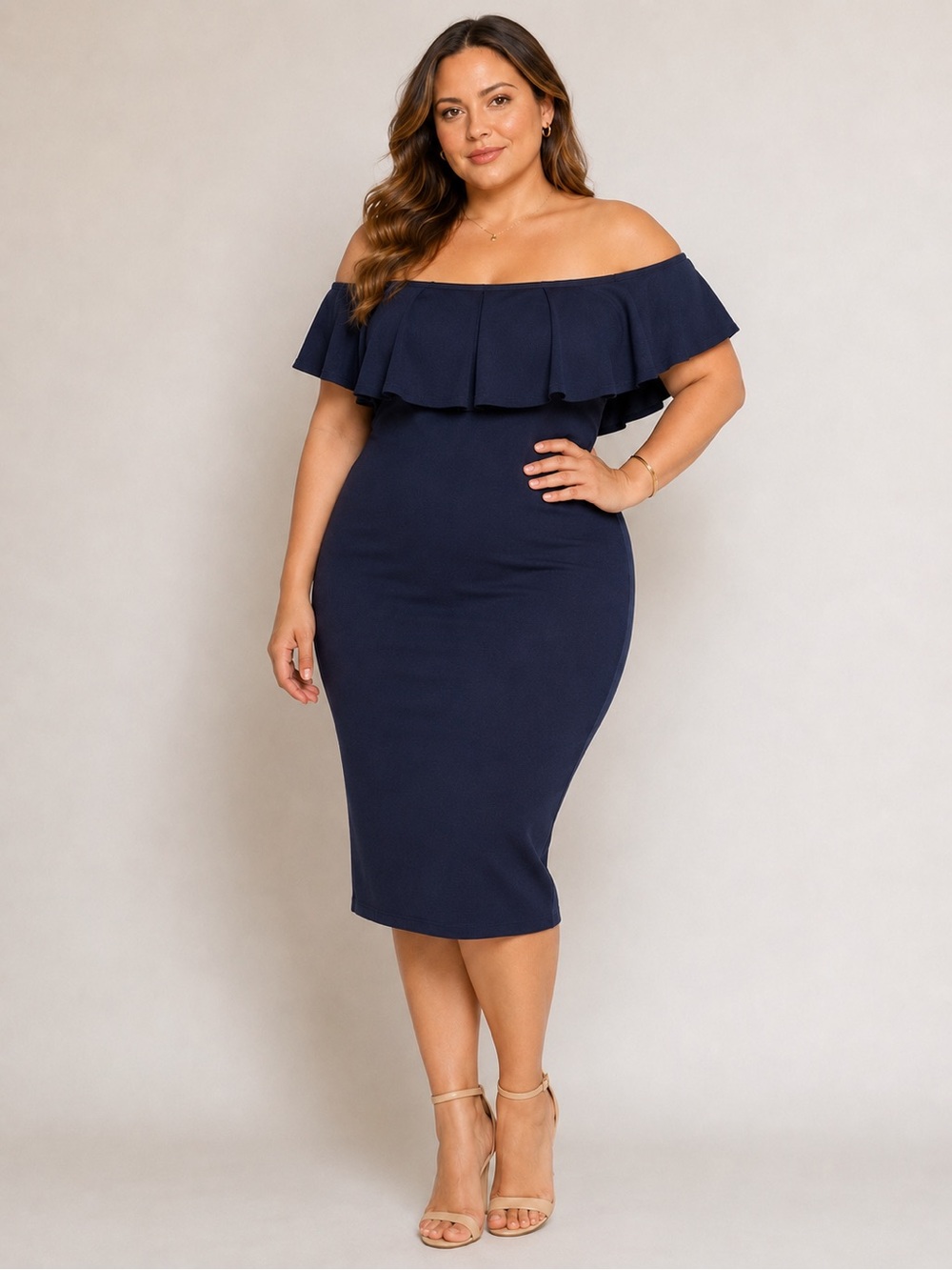 Navy Blue Off Shoulder Bodycon Dress Ruffle Neckline 2X Plus Size